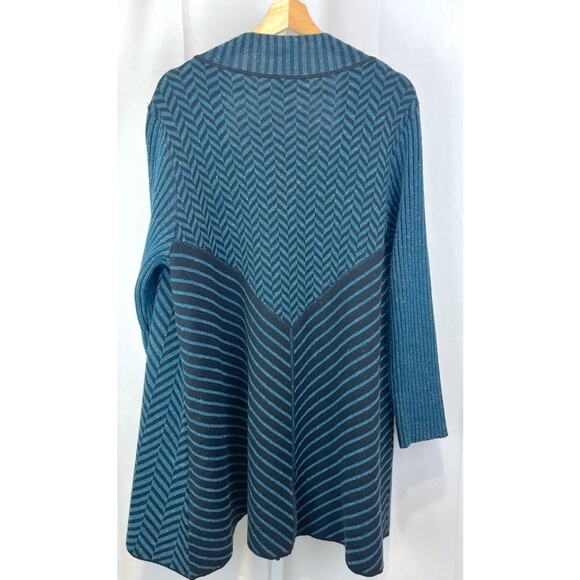 RONI RABL Open Front Chevron Cardigan Tunic Sweater Merino Wool Blend Blue L - Picture 2 of 8